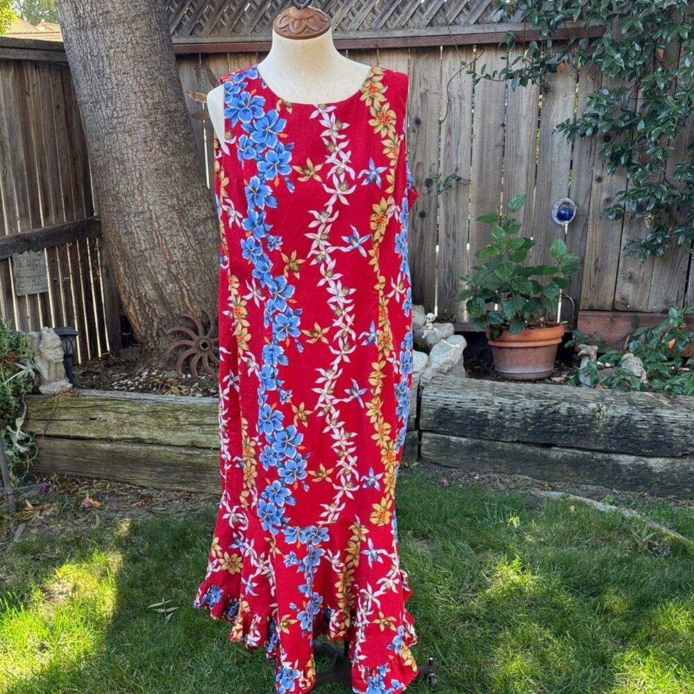 Vintage 1980s Hilo Hattie Red Floral Hawaiian Maxi Dress Women's Size 20